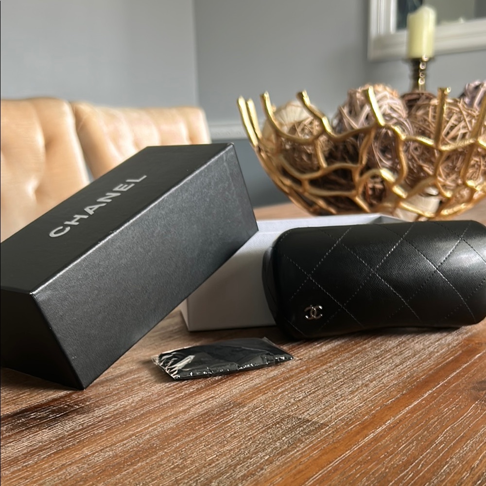 CHANEL Black Quilted Eyewear Case with Box and Wipe.